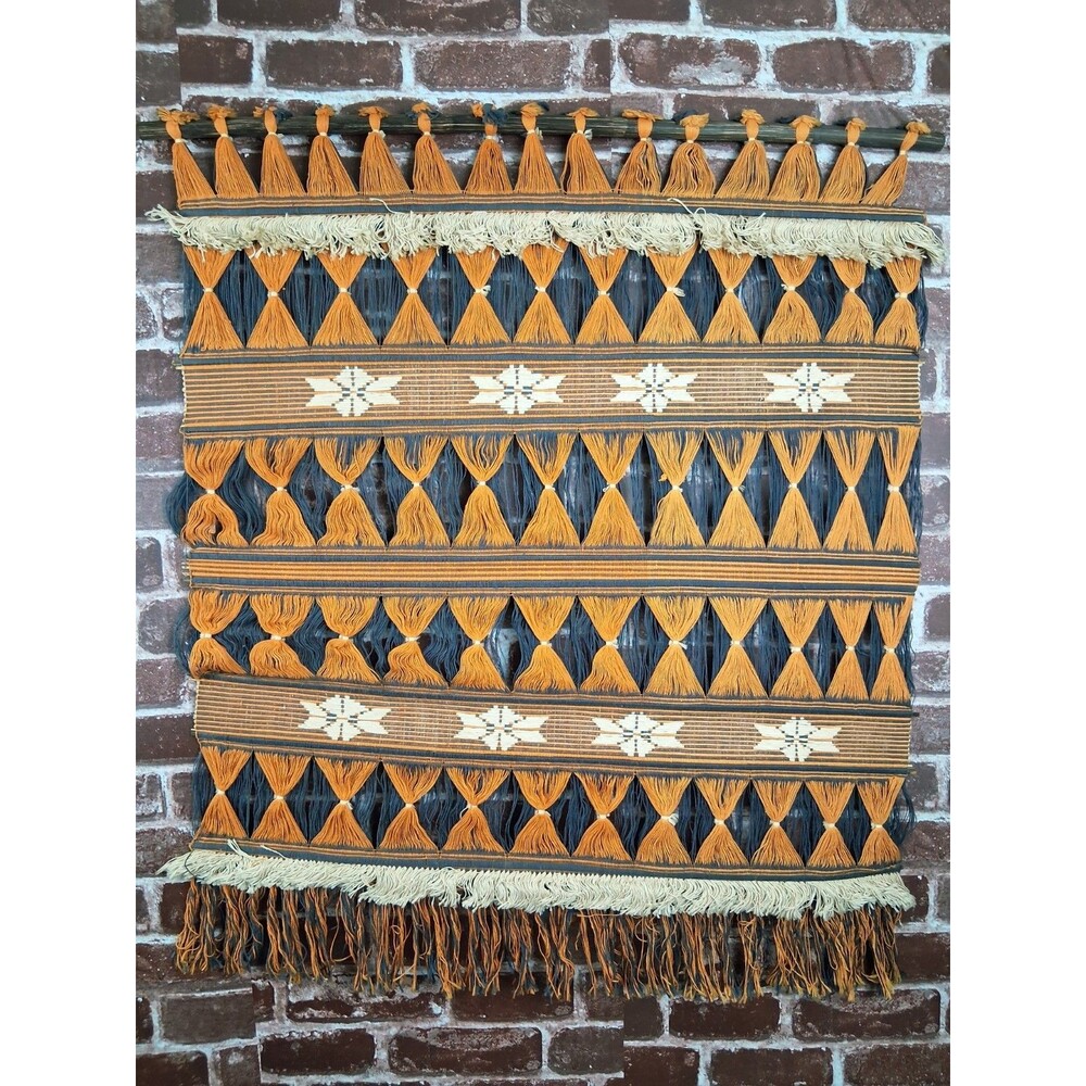 Vintage Mid-Century Modern Boho Woven Wall Hanging Tapestry Orange & Blue 70s